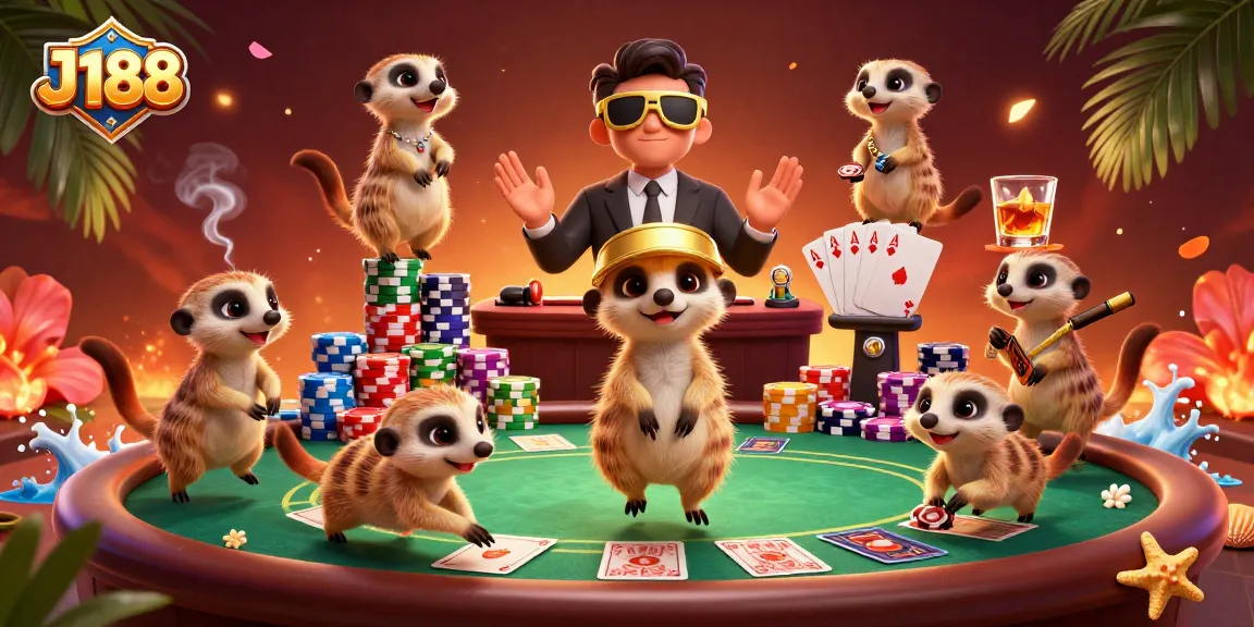 J188 meerkats oversee a vibrant casino scene with poker action and colorful chips.