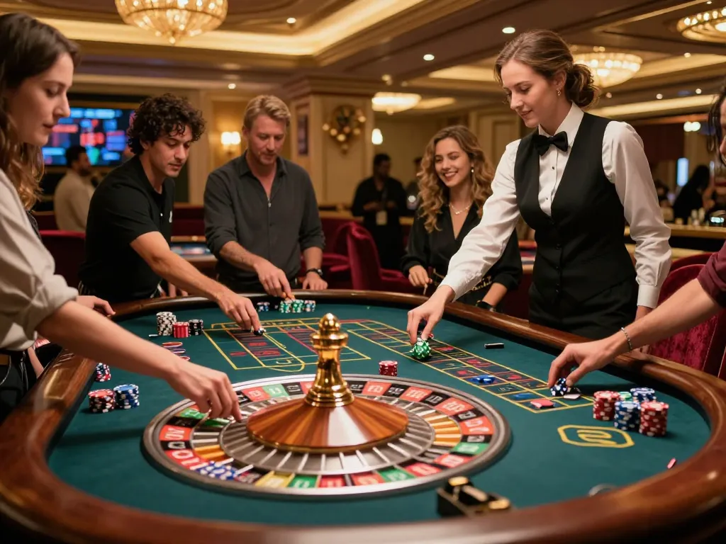 Players engaging in a thrilling roulette game at a luxurious casino table featuring 9BET.