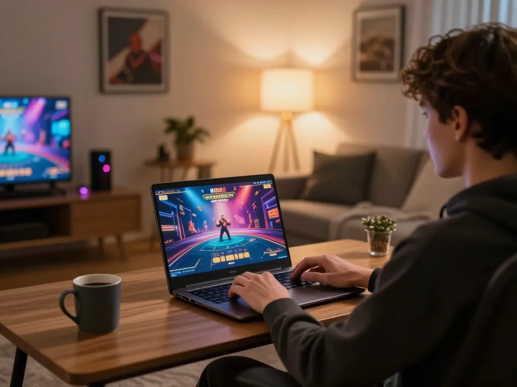K8CC gaming session in a cozy home setting with dynamic online gameplay and relaxed atmosphere
