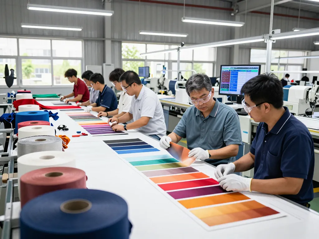 Sunwin textile professionals inspecting quality fabric samples in a modern factory