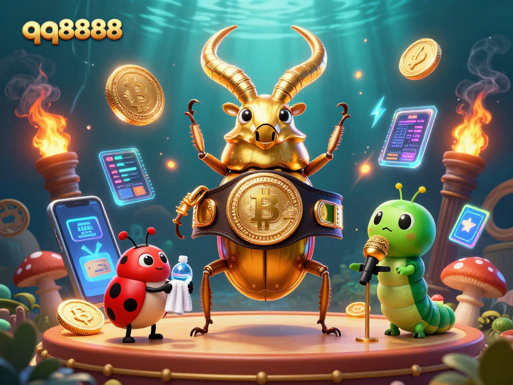 Join the action with qq8888 as a golden beetle faces off in a thrilling gambling showdown amid vibrant crypto elements.