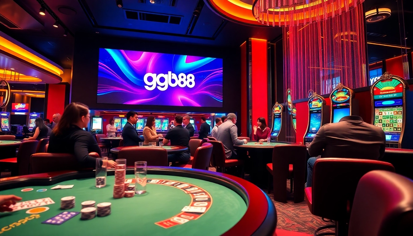 Gamblers enjoy a vibrant casino environment with exciting gameplay at gg88 ltd, showcasing poker tables and a roulette wheel.