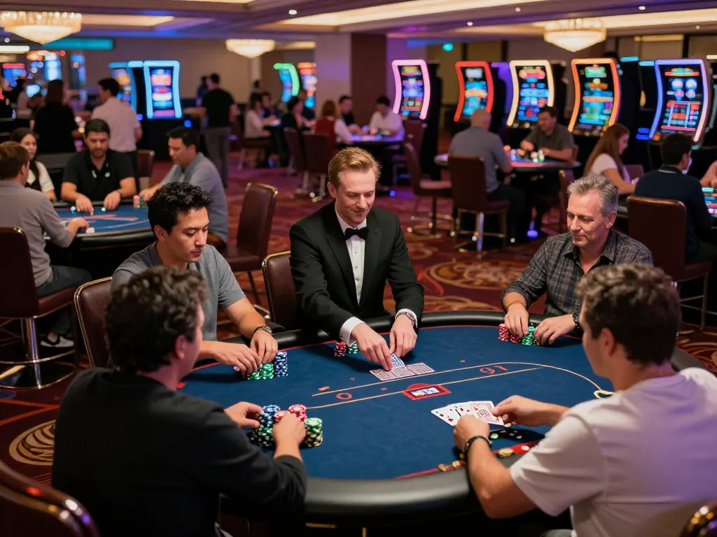 GO8 players celebrate wins at a vibrant casino floor, showcasing dynamic gameplay.