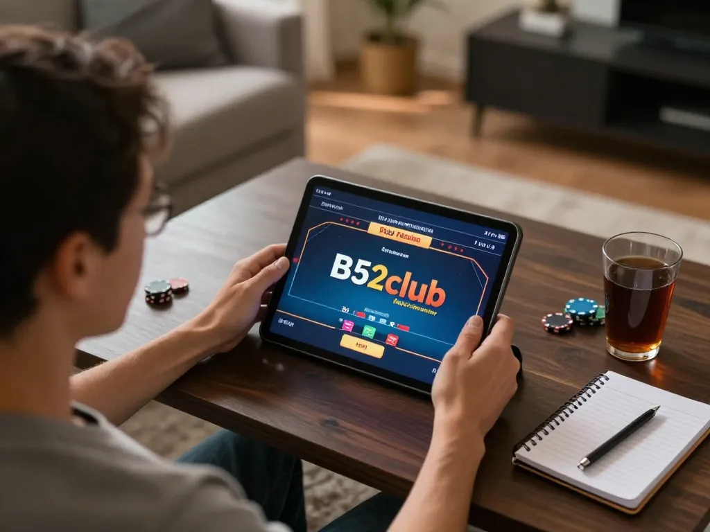 B52club player immersed in strategic poker game on tablet, cozy home atmosphere with notebook.