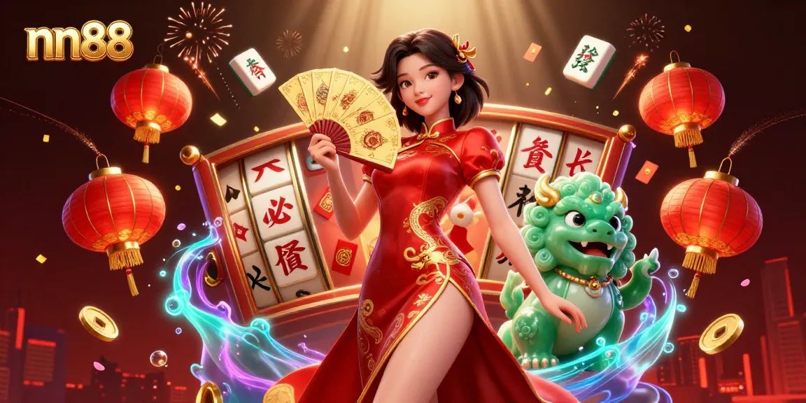 Engage with the vibrant nn88 casino illustration featuring cards, lanterns, and dynamic slot reels.