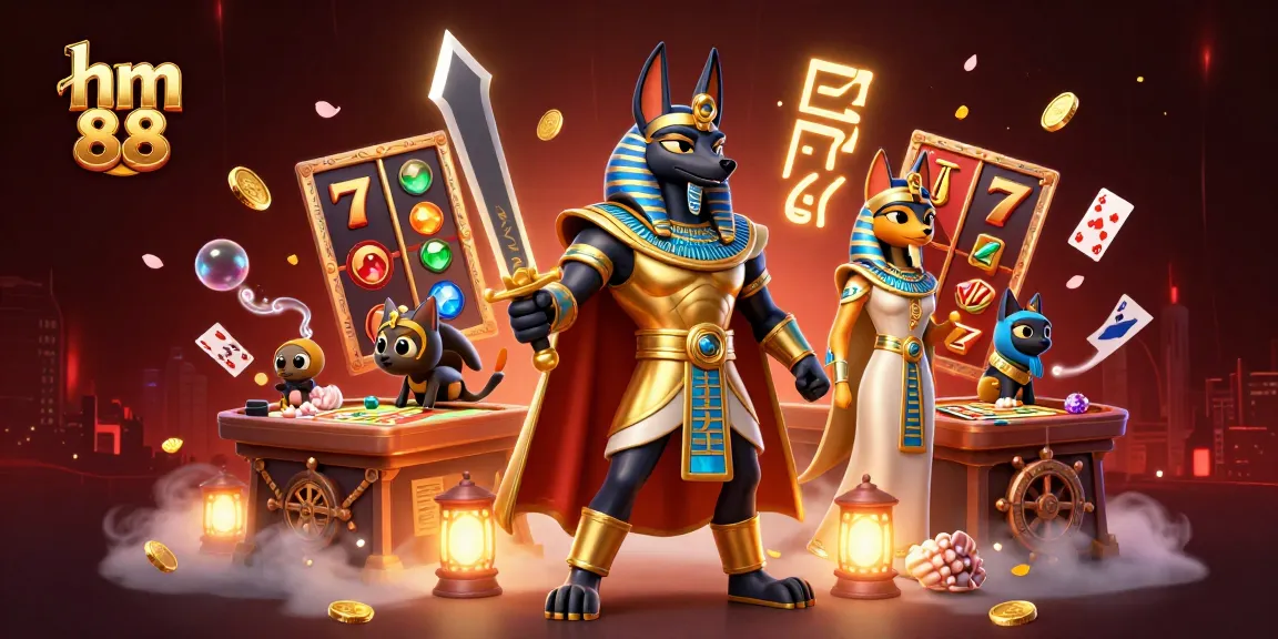 Experience the dynamic world of hm 88 with Anubis and Bastet amid jackpot riches and glowing treasures.