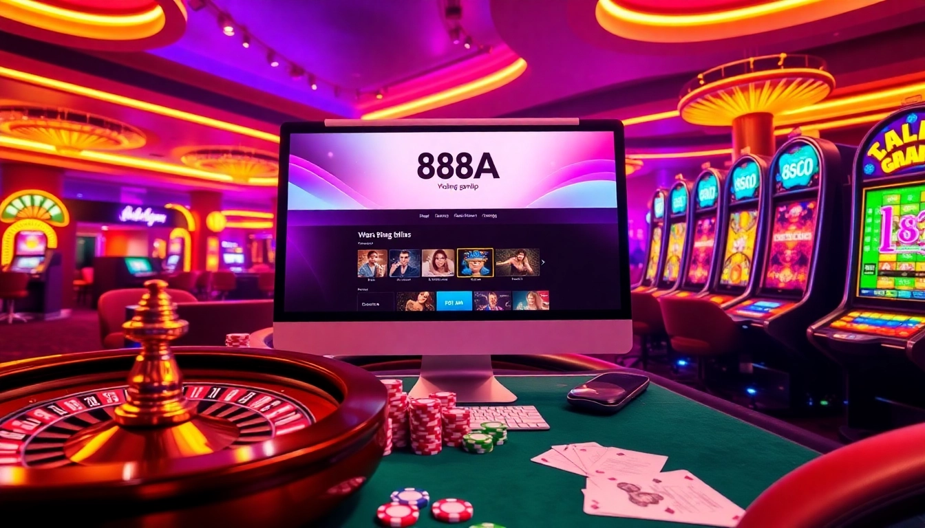 Experience 88AA Đăng nhập with vibrant cards and roulette wheels in a luxurious casino setting.