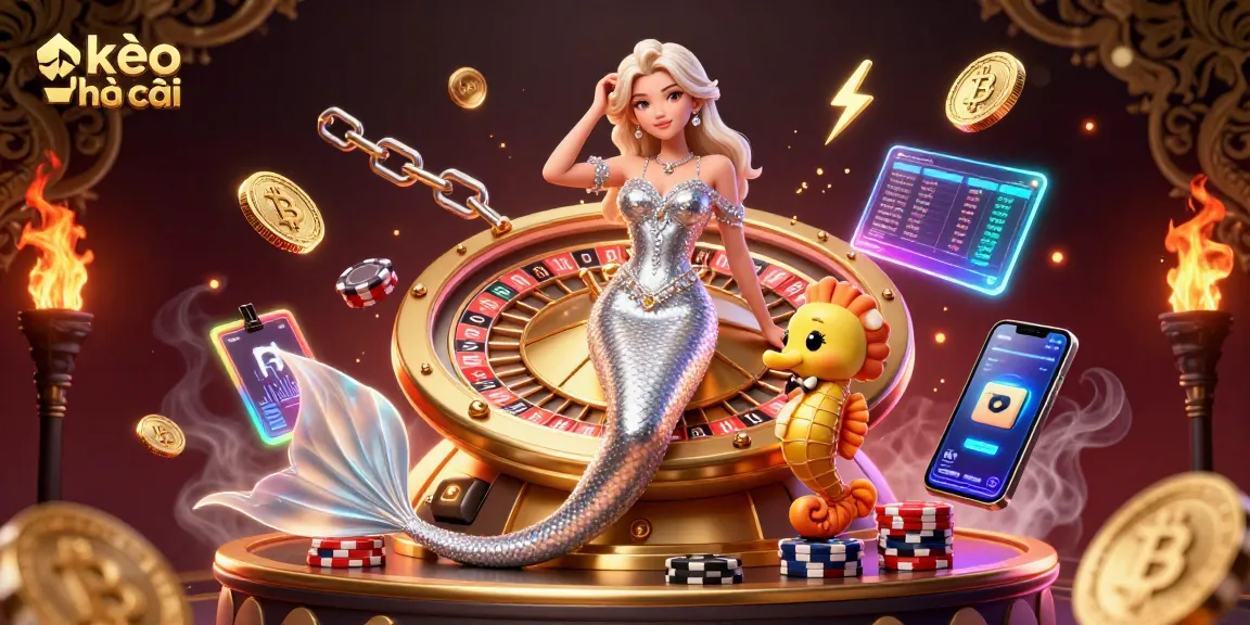 Engage with kèo nhà cái as a stunning woman poses beside a golden roulette wheel, surrounded by exciting crypto elements.