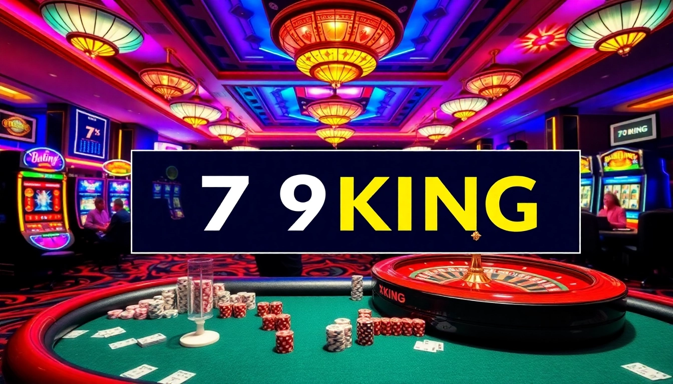 Players enjoying thrilling casino games at 79KING with poker chips and vibrant slot machines.