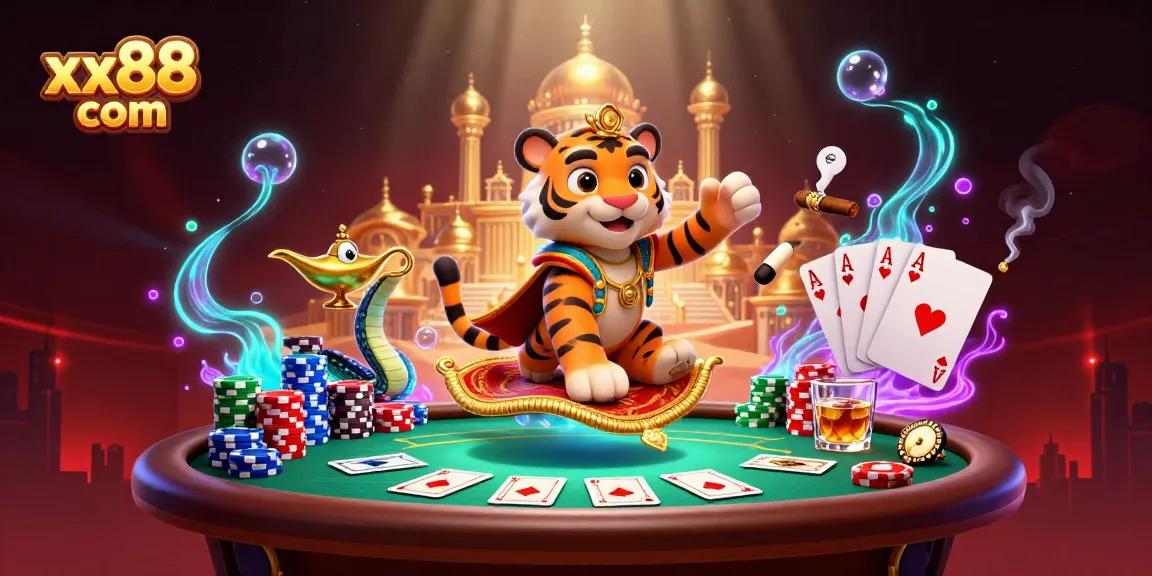 Experience thrilling gaming with xx88 com featuring a vibrant scene filled with poker action and Arabian Nights charm.