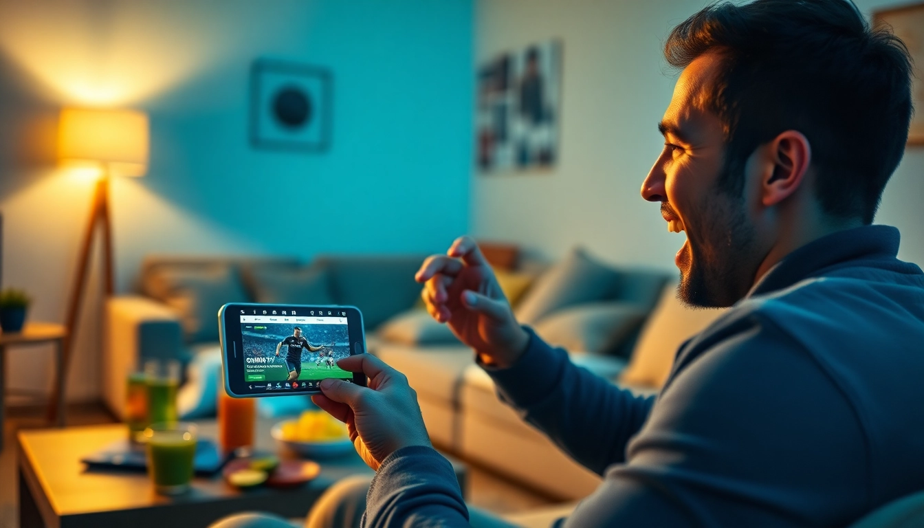 Excited fan watching a live football match on OKWINTV's interface on smartphone, cozy setting.