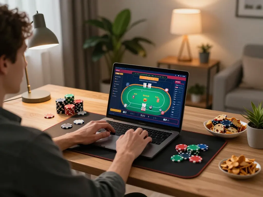 Person engaging in online gaming with nhacaiuytinn on laptop, showcasing casino poker experience at home.