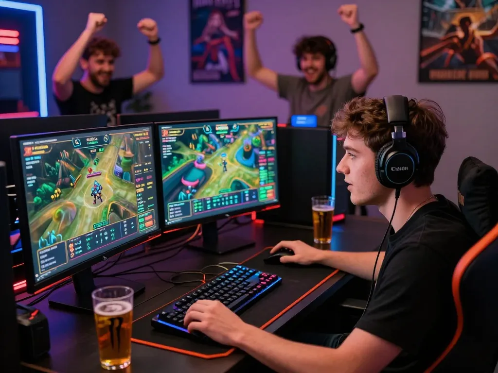 Exciting gaming atmosphere with sunwin betting platform, player engaged with monitors and friends cheering.