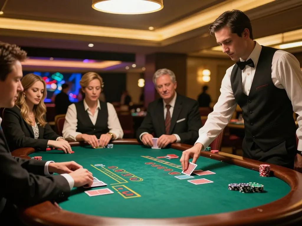 FLY 88 players engaging actively at a blackjack table in a vibrant casino setting.