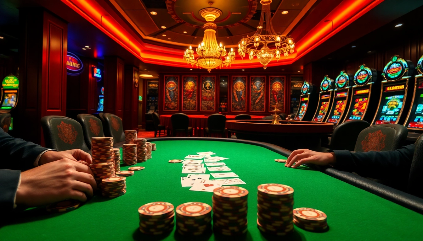 Experience the excitement of gambling at bl555 com with a glamorous casino scene featuring poker tables, chips, and roulette wheels.