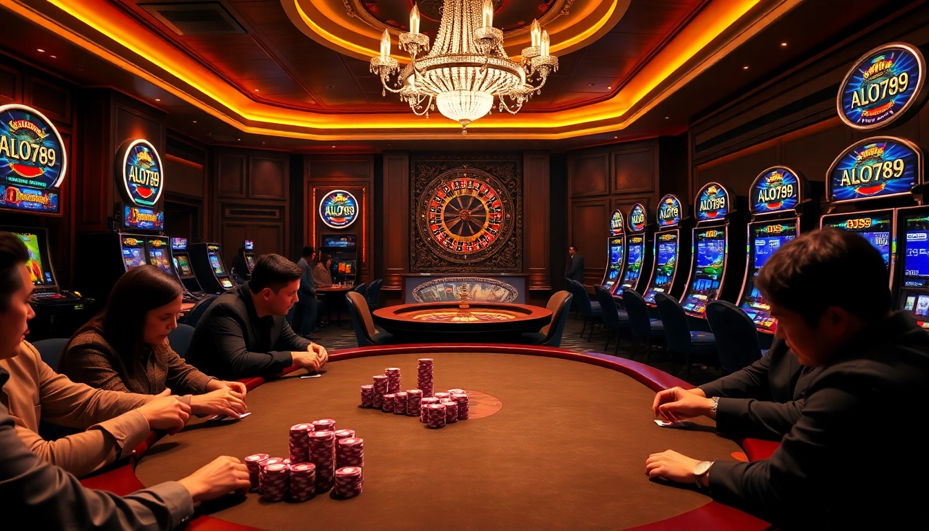 Players experiencing the thrill of gambling at ALO789 casino tables with vibrant visuals.