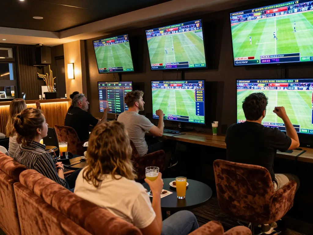 Patrons engaging in lively sports betting and discussions at 999bet lounge with screens displaying odds.