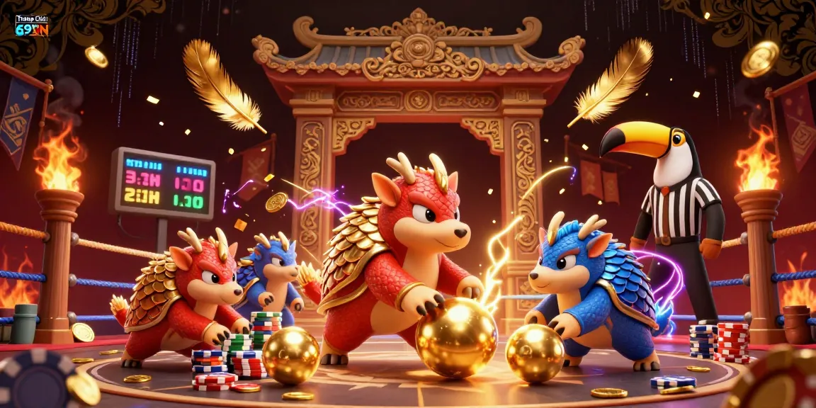 Engage in thrilling gameplay at Trang Chủ 69VN with a colorful casino scene of rival pangolins and dynamic gambling elements.