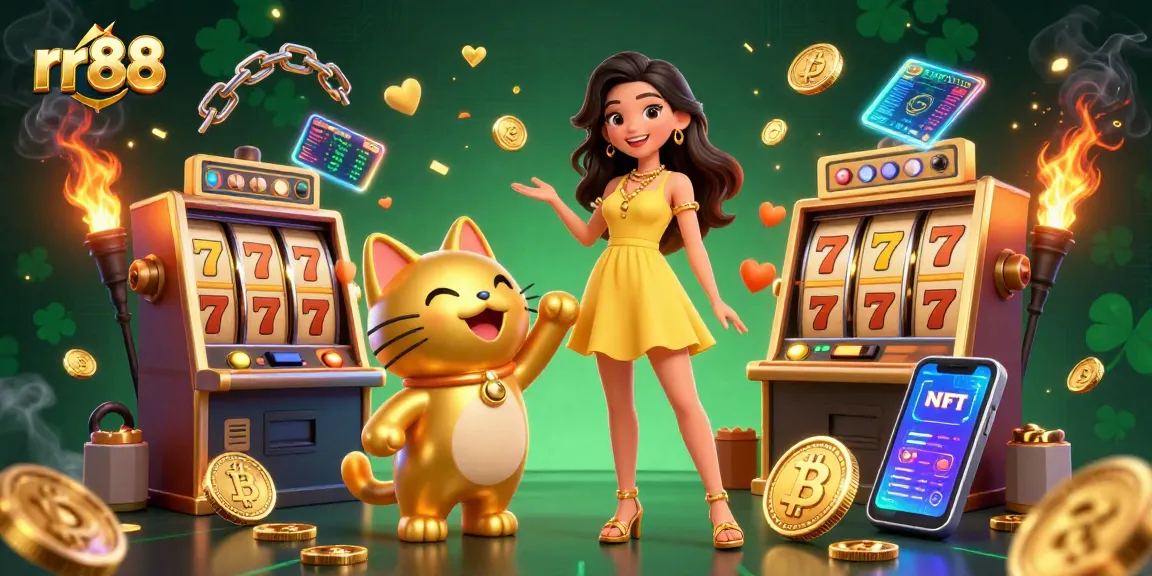 Spin for rewards at rr88 with a cheerful woman and golden lucky cat amidst slot reels and crypto coins.