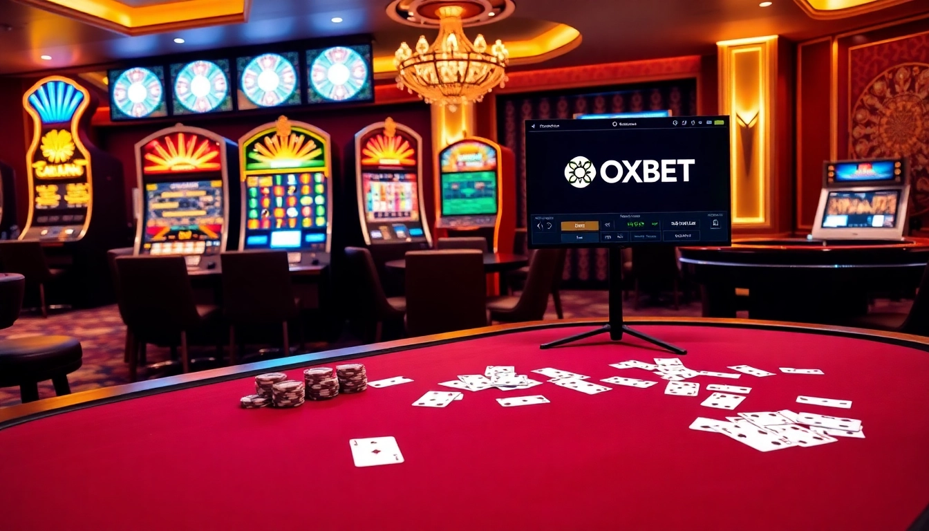 Experience a thrilling game at OXBET with vibrant slot machines and elegant poker tables.