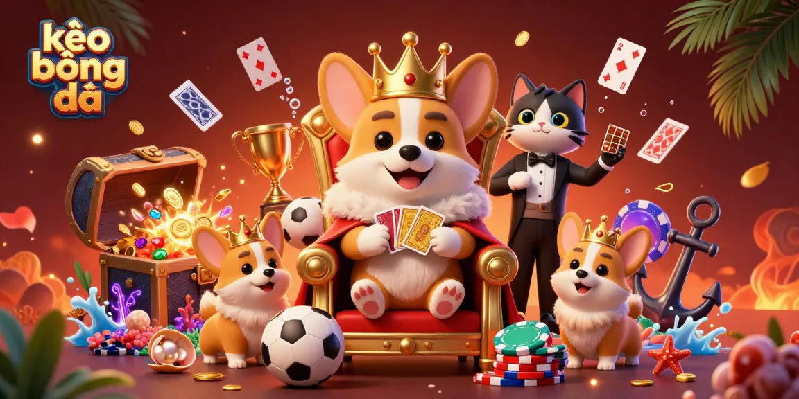 Experience thrilling betting action with kèo bóng đá, showcased in a vibrant 3D illustration of a royal corgi and sports-themed elements.