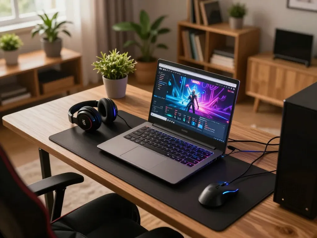 Player enjoying strategic iWin gameplay at home, showcasing vibrant interface and cozy gaming setup.