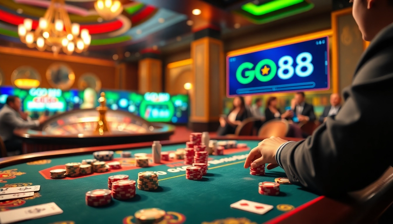 Engaging scene of high-stakes gambling at a GO88 casino table with vibrant poker chips and cards.