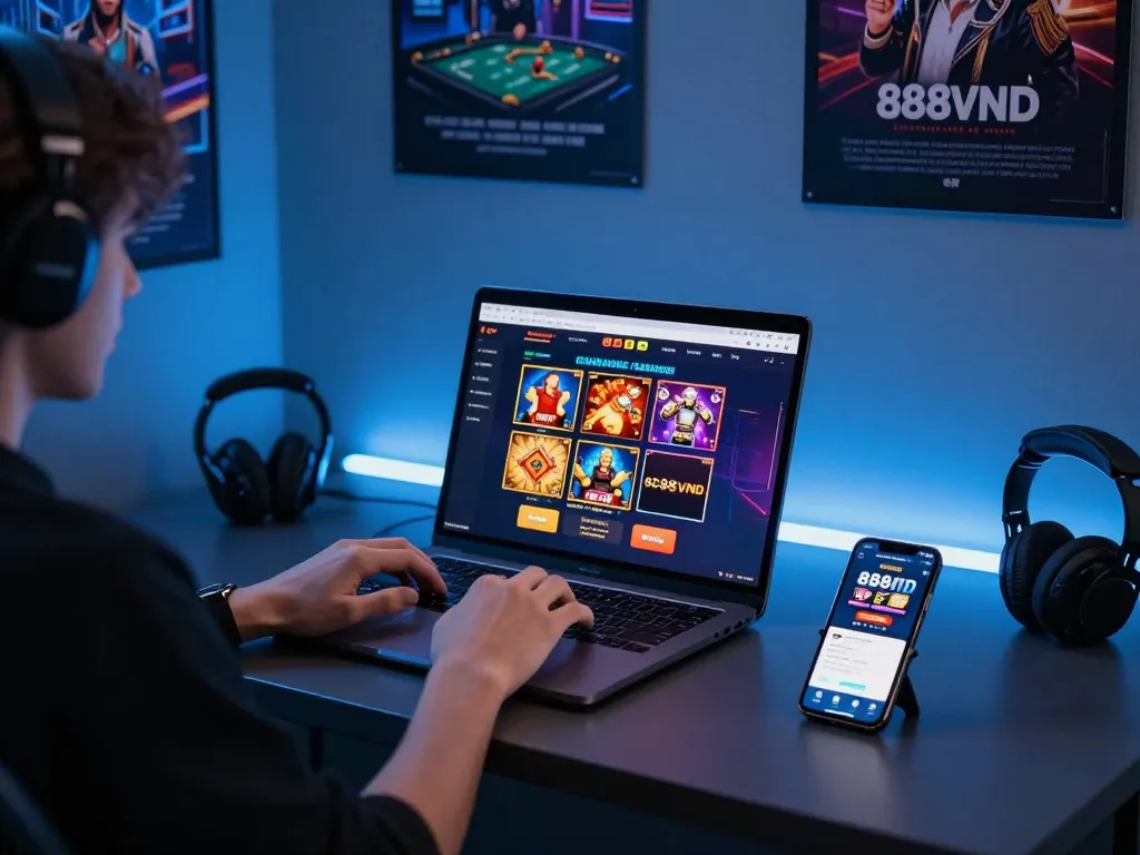 Engaging scene of an online user implementing 888vnd đăng nhập with various games and devices, emphasizing mobile access.