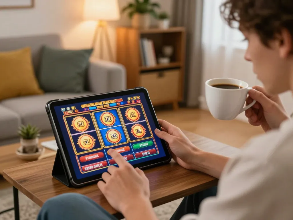 Playing slots on fly88 tablet in a warm, cozy home environment enhancing online gambling thrill