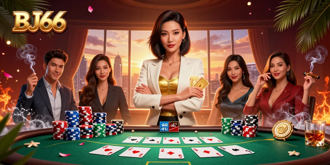 Play cards at BJ66's vibrant casino ambiance, featuring poker elements and a dynamic atmosphere.