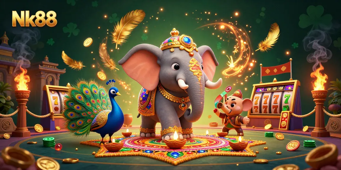 Experience thrilling gameplay at Nk88 with a vibrant 3D illustration showcasing lucky jackpots and festive characters.