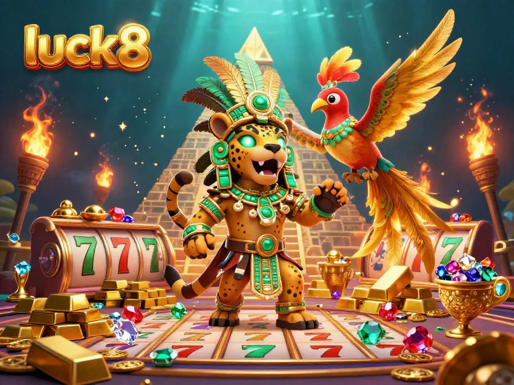 Experience luck8 in action with a stunning 3D illustration of casino-themed Mayan characters amidst golden treasures.