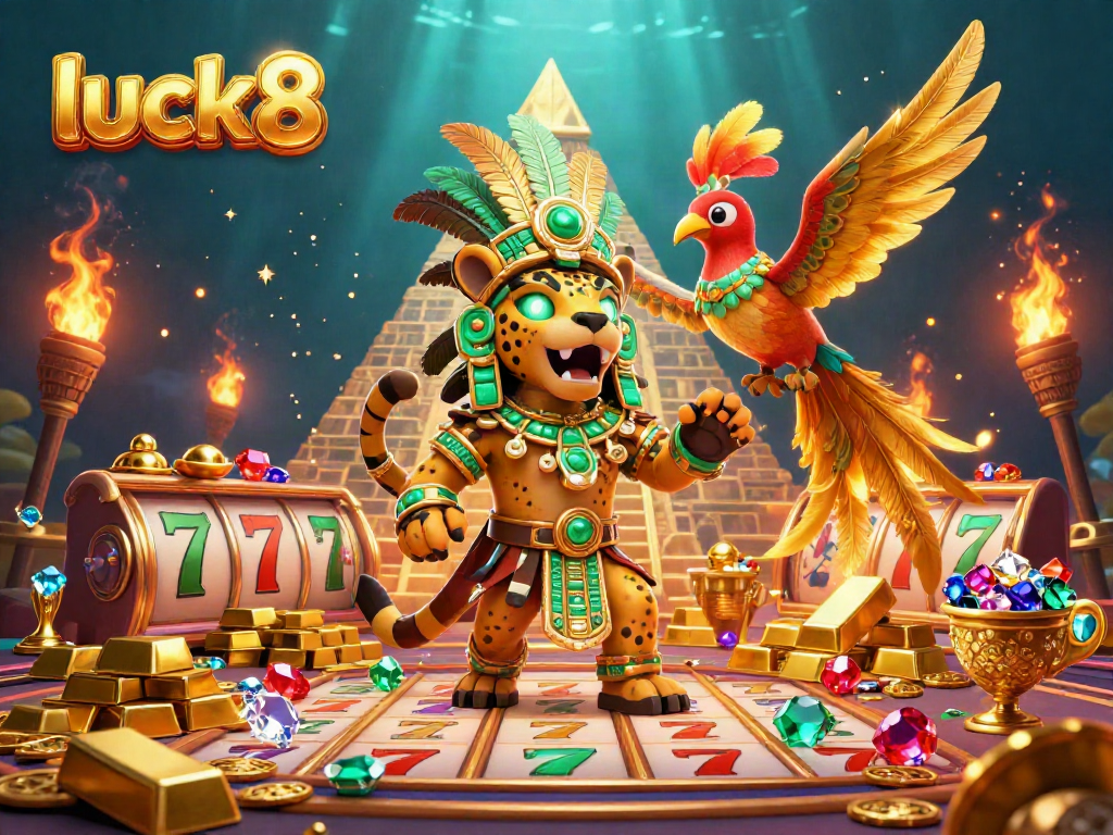 Experience luck8 in action with a stunning 3D illustration of casino-themed Mayan characters amidst golden treasures.