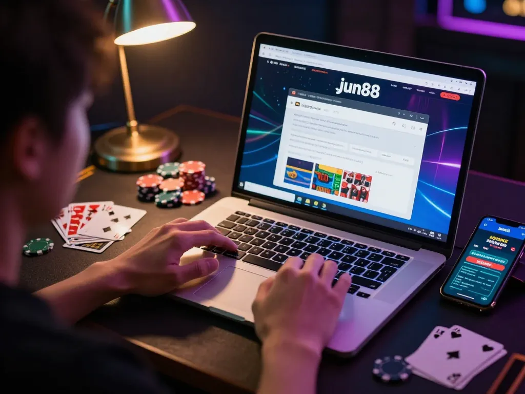 Securely accessing jun88 đăng nhập on a laptop, showcasing a vibrant online casino gaming experience.