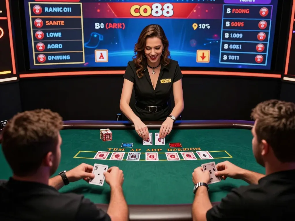 Players engage in a thrilling live dealer game at co88 online casino, showcasing strategic gameplay.