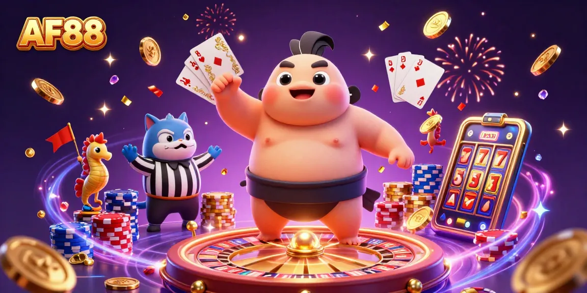 Play exciting casino games at AF88 with a dynamic underwater scene featuring a sumo blowfish.