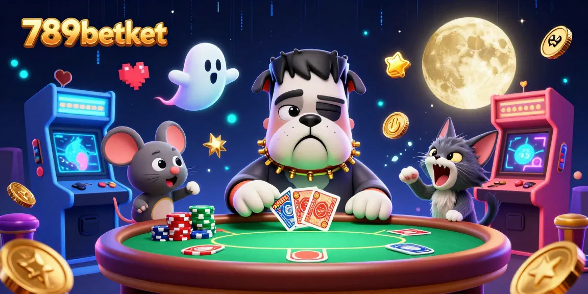 Experience thrilling poker with 789betket in a vibrant 3D casino scene featuring a fun Frankenstein bulldog monster.