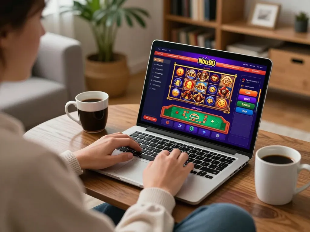 Nohu90 online gambling experience shown on a laptop while enjoying a cozy home environment.