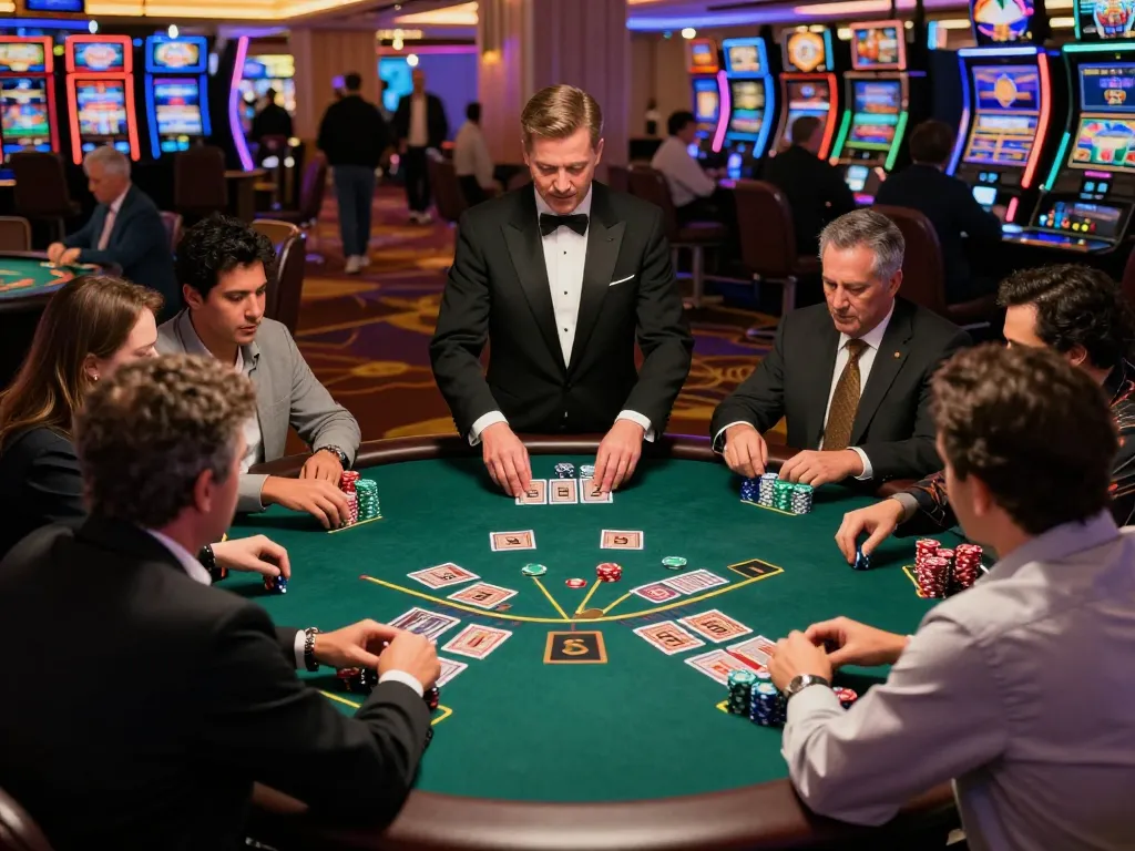 Players engage in an intense blackjack game at a Las Vegas casino, showcasing the thrill of SUNWIN gaming atmosphere