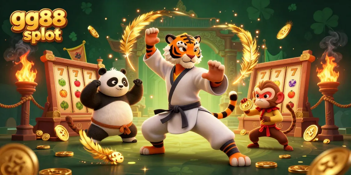 Engage with gg88 slot reels in a vibrant 3D scene featuring masterful characters and dynamic gaming elements.