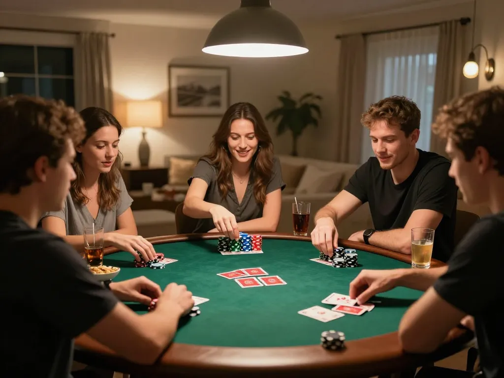 Friends enjoying poker night at home, engaging in strategic gameplay while using 888now com.