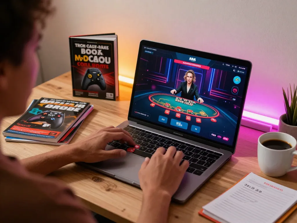 Engaged player strategically managing hitclub blackjack game on laptop in cozy home office.