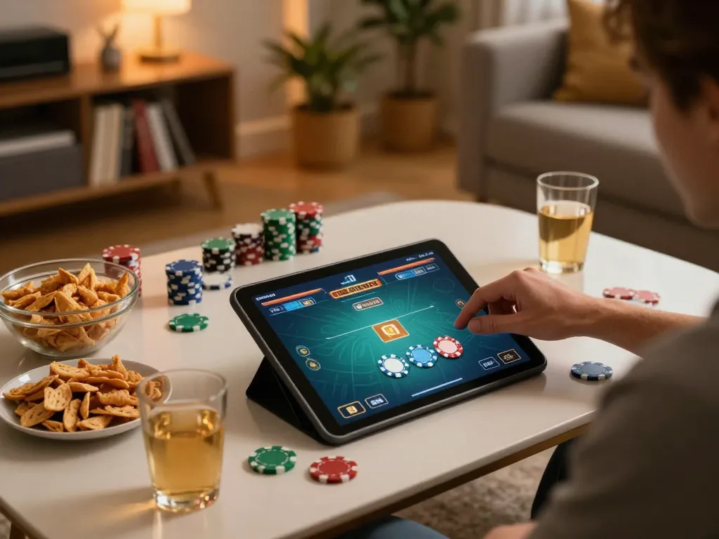 Play exciting poker on km777 while enjoying snacks in a cozy living room atmosphere