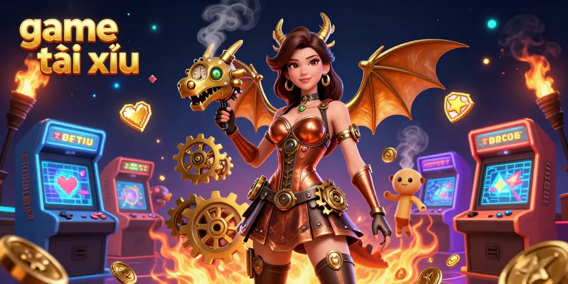 Experience the excitement of game tài xỉu with stunning visuals of arcade elements, dragon, and vibrant colors.