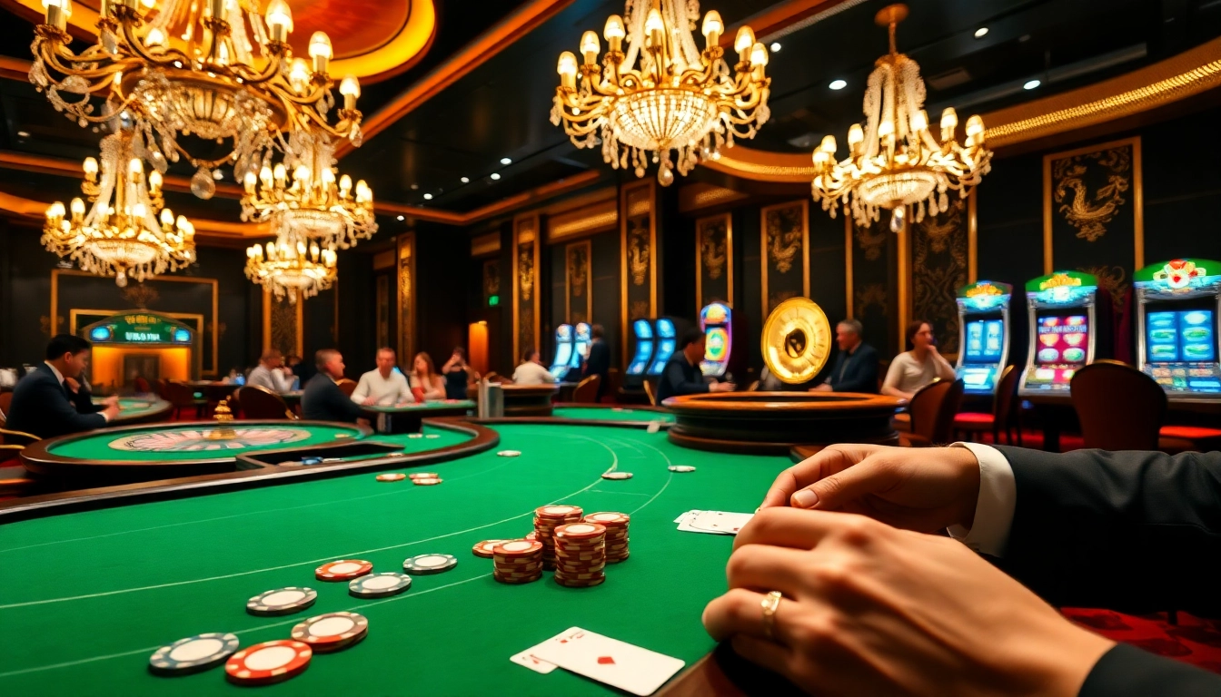 Experience the thrill of vaoluoitv truc tiep bong da with vibrant poker tables and chips in a luxurious casino.