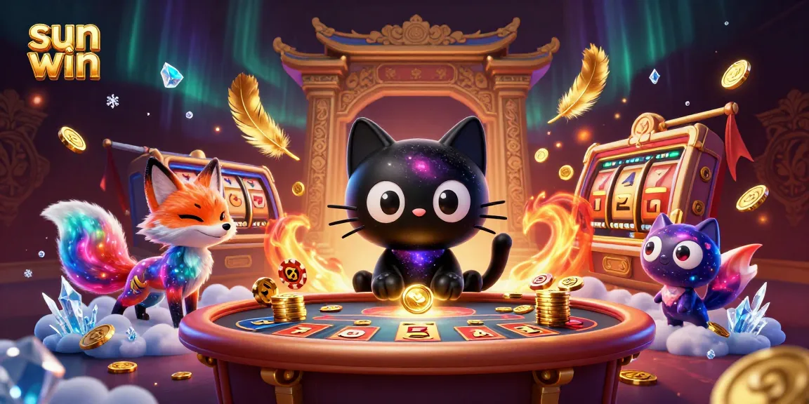 Engage with sun win in a vibrant cosmic casino, where a black hole cat pulls in chips and cards.