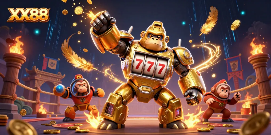 Experience exciting gameplay at XX88 with a vibrant casino scene featuring dynamic gold gorilla mech.