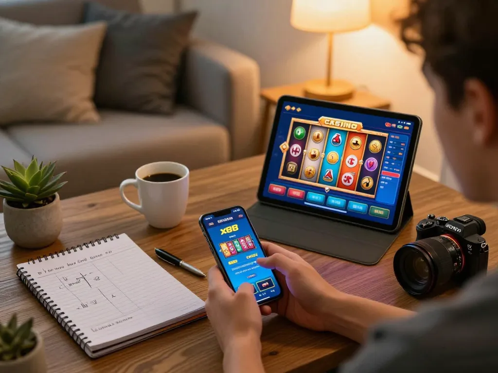 x88 player immersing in online slots gameplay on smartphone in a cozy setting