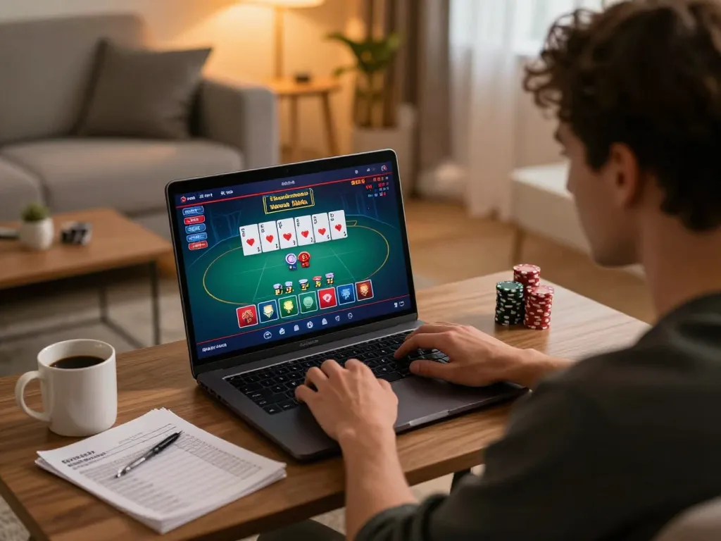 Player enjoying ALO8 online poker game at home, showcasing responsible gambling practices with notes and cozy lighting.