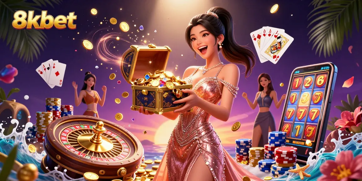Experience the thrill of winning at 8xbet with enchanting treasures and dynamic casino elements swirling around.